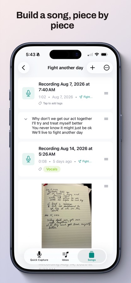 A song holding recorded takes, a block of lyrics, and a photographed lyric sheet.
